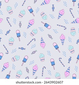 Handmade vector illustration for cafe design. Seamless pattern of cakes, sweets, ice-creams. Doodle style.