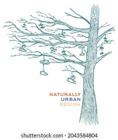 Handmade vector illustration of dry tree with various sneakers hanging. Art in rustic and laid-back lines.