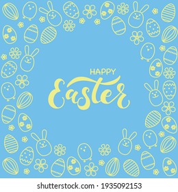 Handmade vector illustration with happy easter lettering for decoration, wallpaper, postcard, printshop, social media, background