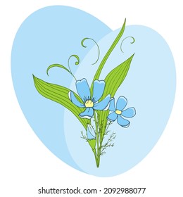 Ilustración vectorial hecha a mano. Tarjeta de invitación o de saludo. Bouquet con flores azules.