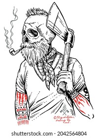 Handmade vector illustration of lumberjack with skull head.