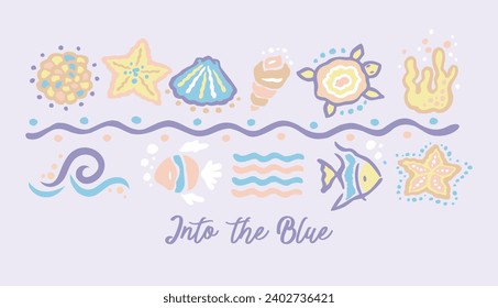 Handmade vector illustration of marine elements. Shells, fish, starfish, algae and turtle. Freestyle art with a stylized look.
