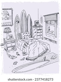 Handmade vector illustration of messy room. Young man's room with surfboards, posters, CDs and clothes scattered around.