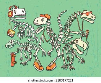 Handmade vector illustration of a musical band formed by dinosaur fossils. Stripped art.