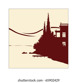 Handmade vector illustration of an old villa by a lake svg