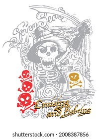 Handmade vector illustration of pirate skull in cartoon style with ship and text.