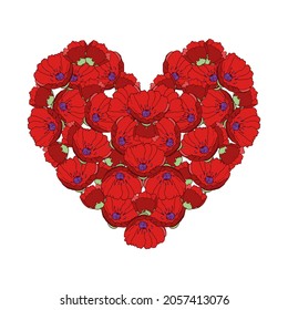 Handmade vector illustration. Red flowers in the form of a heart. Red heart on a white background.