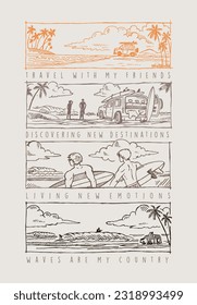 Handmade vector illustration of scenes of a surfers trip along the coast. Drawing in cartoon style for printing on t-shirts, posters and etc.