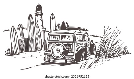 Handmade vector illustration of seaside landscape with vintage surfer car.