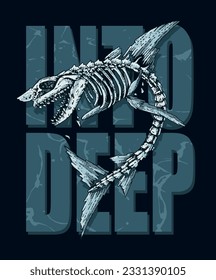 Handmade vector illustration of shark skeleton in composition with lettering. Editable art for printing on t-shirts, posters and etc.