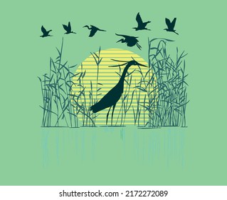 Handmade vector illustration of silhouette of birds in swampland.