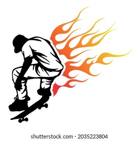 Ilustración vectorial hecha a mano de la silueta de patinador con fuego en estilo gráfico.