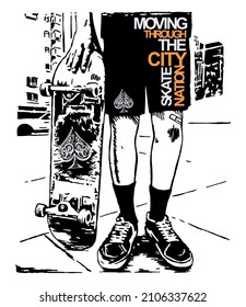 Handmade vector illustration of skater legs in cityscape. Art for printing on t-shirts, posters and etc...