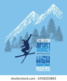 Handmade vector illustration of skier with trees and snowy mountains in the background.