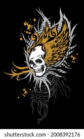 Handmade vector illustration of skull with wings and tribal effects in the background.