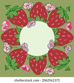 Handgefertigte Vektorgrafik mit Erdbeeren und Blumen, Design für Einladungen und Grußkarten