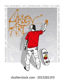 Handmade vector illustration of street artist making graffiti with text related to skateboarding.