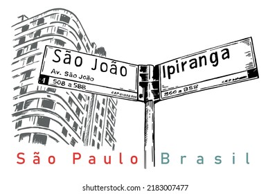 Handmade vector illustration of street signpost in the city of São Paulo, Brazil. Art in free and uncluttered lines.