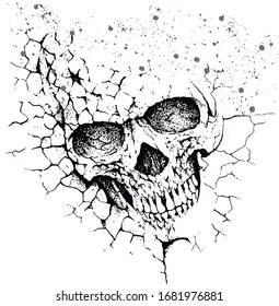 Handmade vector illustration of a stylized skull in dry, crumbly soil. Art with stripped and textured.