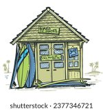 Handmade vector illustration of surfboard shop. Art in simple cartoon style.