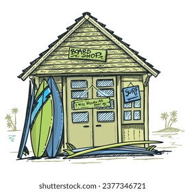 Handmade vector illustration of surfboard shop. Art in simple cartoon style.