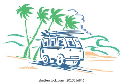 Handmade vector illustration of surfer car in tropical landscape. Art in cartoon style with stripped lines.