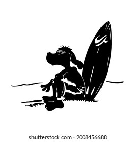 Handmade vector illustration of surfer dog silhouette in cartoon style.