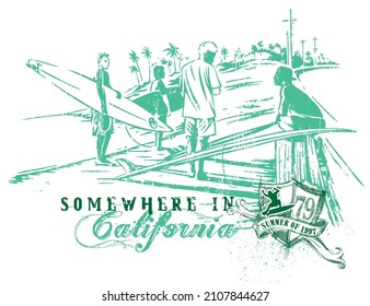 Handmade vector illustration of surfers on the beach.