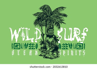 Handmade vector illustration of totem with text and rupestrian drawings depicting surfing.