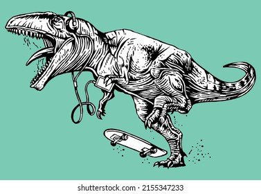 Handmade vector illustration of Tyrannosaurus Rex skater with cellphone and headphones.