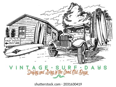 Handmade Vector Illustration Of Vintage Car, House And Surfboards. Free Stroke Art.