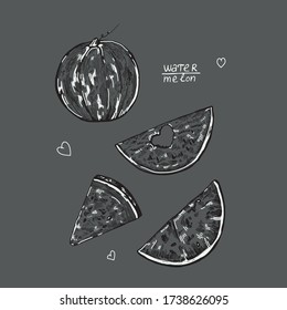 Handmade vector illustration - watermelon and slices with seeds. Sketch style design elements.
