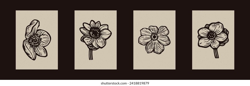 Handmade vector linocut floral motif clipart in folkart scandi style. Set of simple monochrome block print shapes with woodcut paper texture effect.