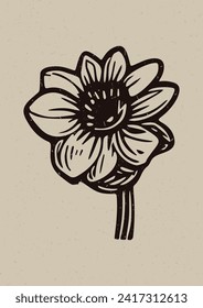 Handmade vector linocut flower motif clipart in folkart scandi style. Simple monochrome block print floral shapes with woodcut paper texture effect. 