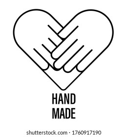 handmade vector logo icon hand made. handcraft stamp. heart love symbol. handcrafted label. organisation banner. care or donation. market sticker. isolated on white background. stock illustration