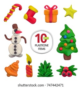 Handmade vector modeling clay Christmas set. Vector illustration of candy, sock, gift, star, snowman, Christmas tree, bell, candle, fir branch and european holly isolated on white background