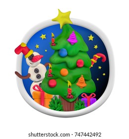 Handmade vector modeling clay round greeting card for Christmas and Happy New year. Vector illustration of Christmas tree with snowman, gift, candle, stars, candy and bell isolated on white background