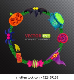 Handmade vector Plasticine round frame for Halloween. Vector illustration of bat, pot, candle, pumpkin, spider, candy, hat and lollipop isolated on transparent background