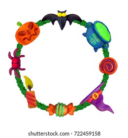 Handmade vector Plasticine round frame for Halloween. Vector illustration of bat, pot, candle, pumpkin, spider, candy, hat and lollipop isolated on white background