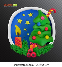 Handmade vector Plasticine round greeting card for Christmas and Happy New year. Vector illustration of candy,  gift, star, tree, candle, fir branch and holly isolated on transparent background