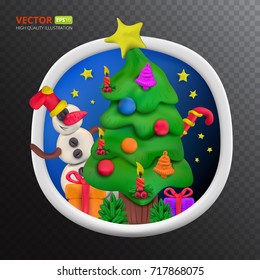 Handmade vector plasticine round greeting card for Christmas and Happy New year. Vector illustration of Christmas tree with toys, snowman, gift, candle, stars, candy and bell on transparent background