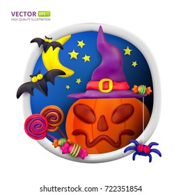 Handmade vector Plasticine round greeting card for Halloween. Vector illustration of moon, bat, pumpkin, spider, candy, hat and lollipop isolated on white background