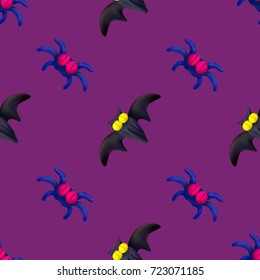 Handmade vector plasticine seamless pattern for Halloween isolated on pink background. Can be used for printing on textile, pattern fills, textures or gift wrap and wallpapers