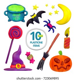 Handmade vector Plasticine set for Halloween. Vector illustration of moon, bat, pot, candle, pumpkin, broom, spider, candy, hat and lollipop isolated on white background