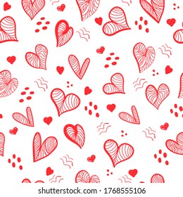 Handmade vector seamless heart pattern with vintage pattern on a white isolated background, flat. Romantic background, symbol, wrapping, gifts, holiday, greeting card, decoration.