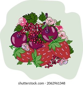 Handmade vector with strawberries and flowers, design for illustration and greeting cards