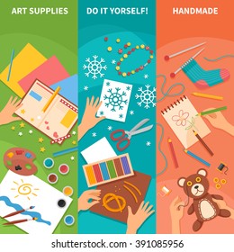 Handmade vertical banners with knitting scissors art supplies sketchbook and pencils elements flat vector illustration 