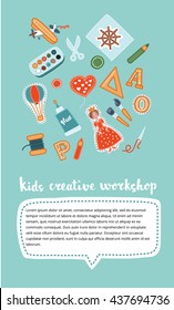 Handmade vertical kids banners. Creative process with child application and children handiwork. Vector illustration of workshop set