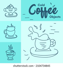 Handmade warm tea and latte coffee digital illustration vector drawings. Outline shape cup design.