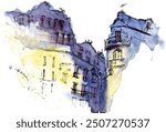 handmade watercolor abstract classic building in purplish blue and yellow